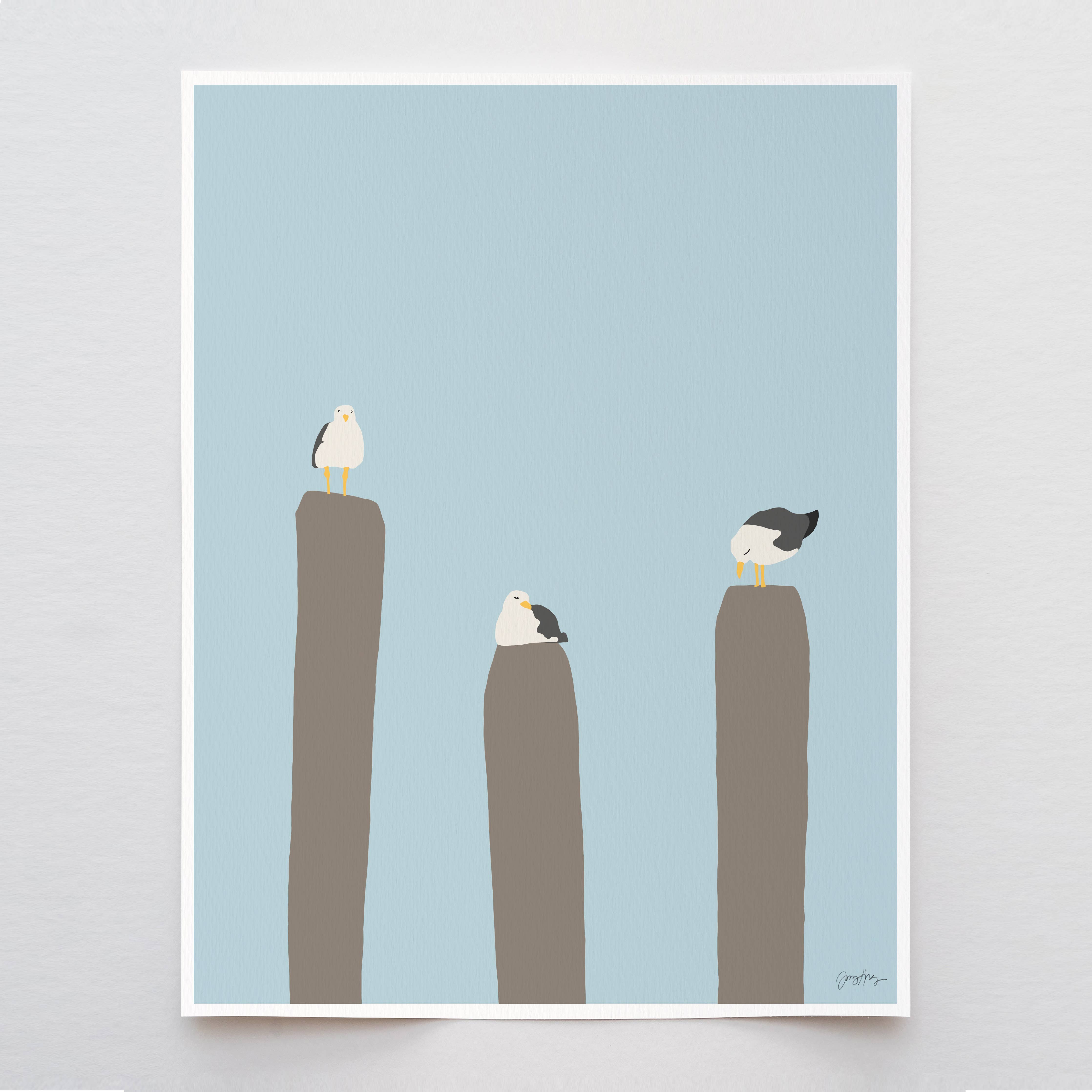 Seagulls on Pier Art Print 8"x10"