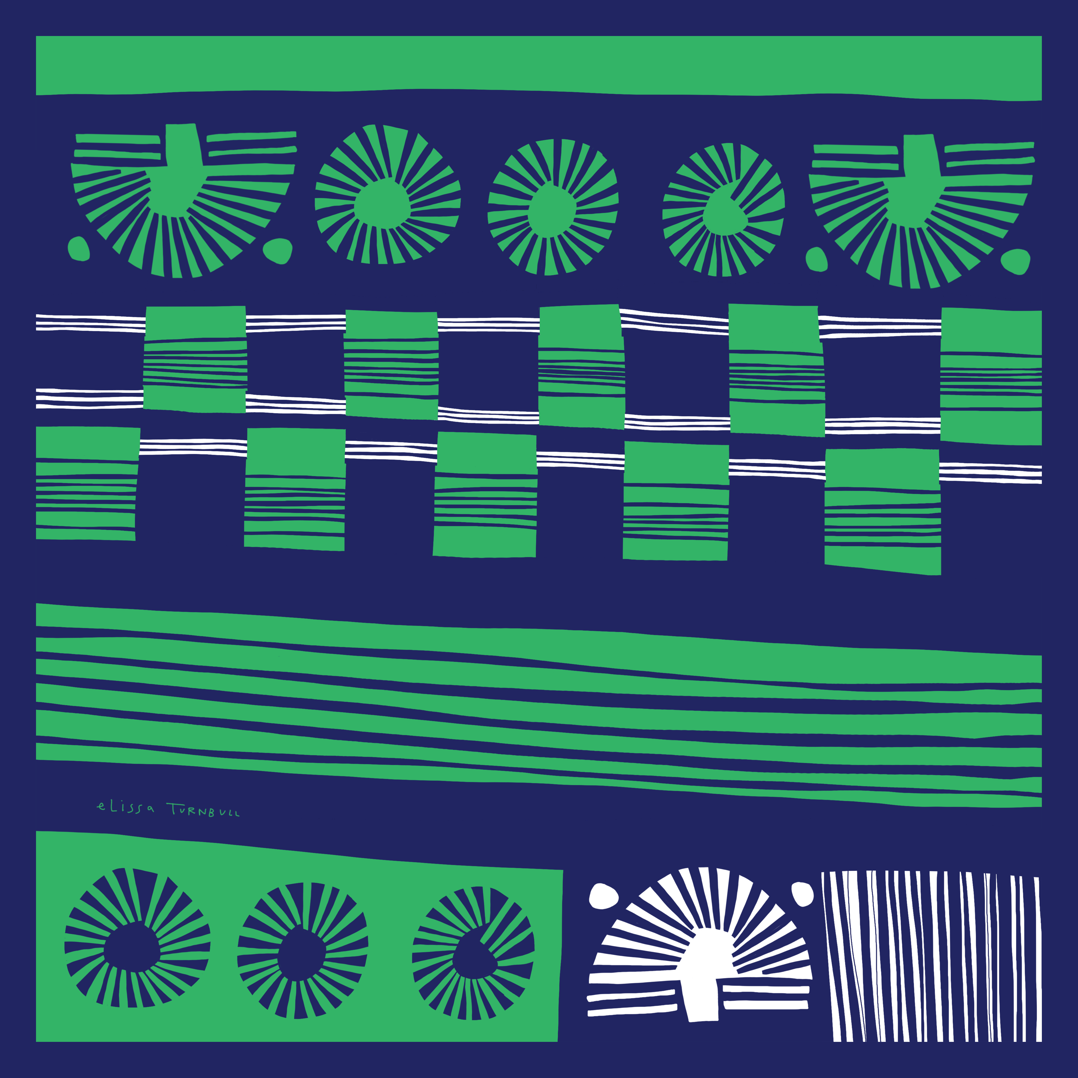 Green and Navy Striped 100% Silk Scarf Bandana