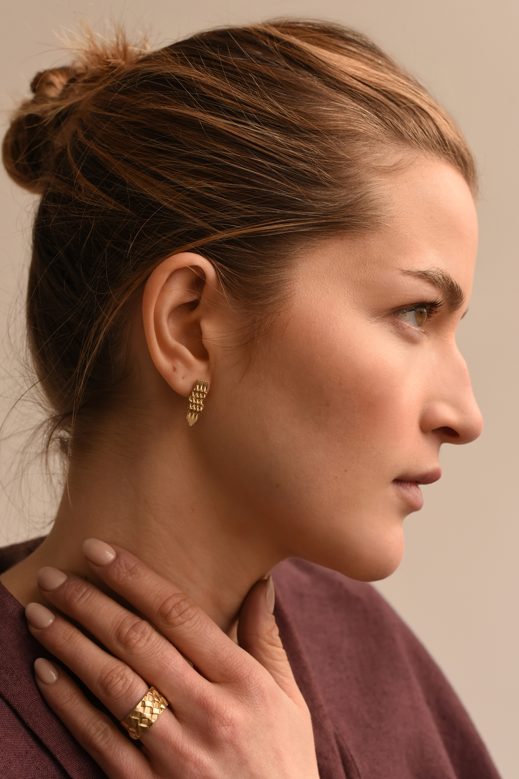 Woven Brass Drop Stud Earrings