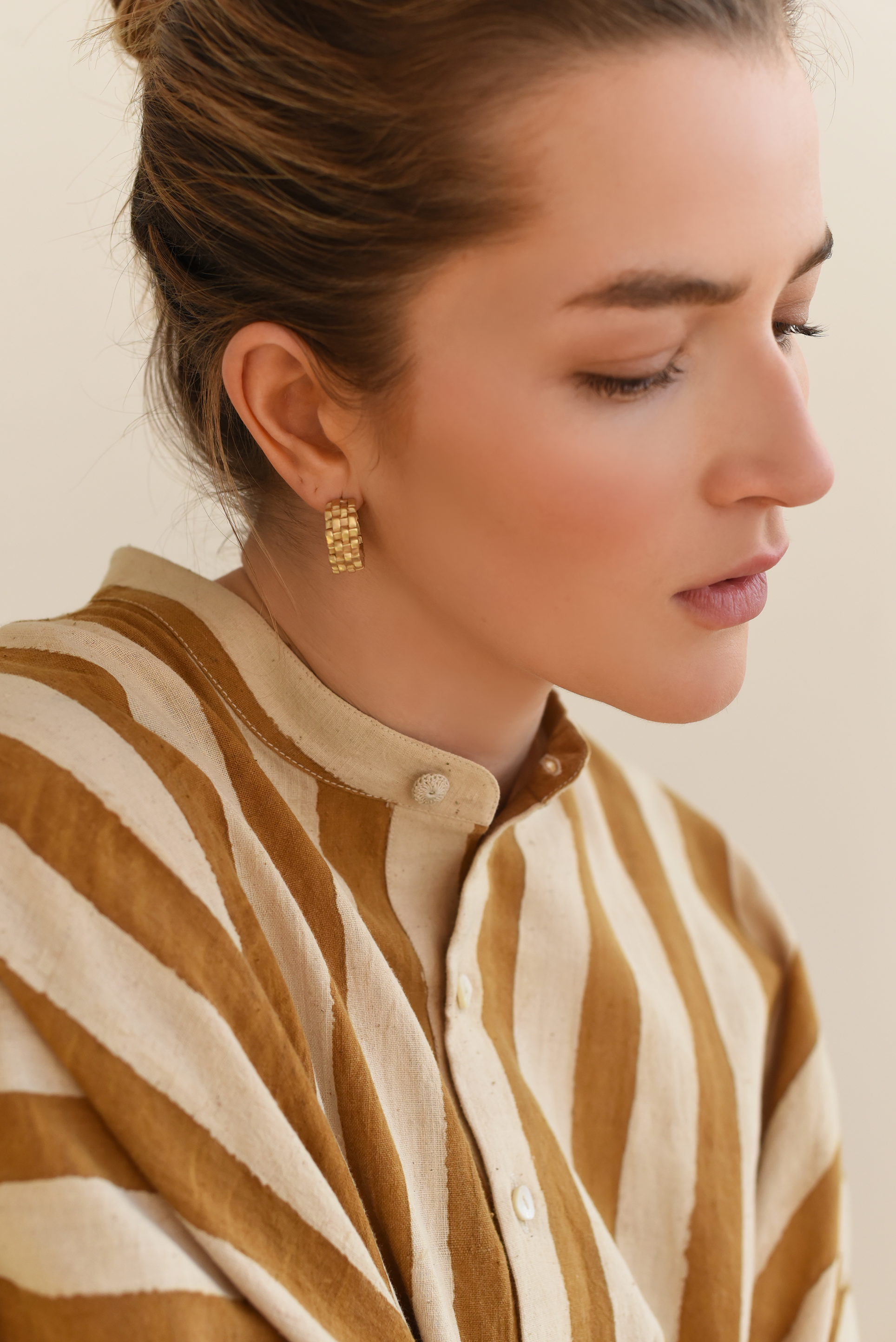 Woven Brass Hoop Stud Earrings