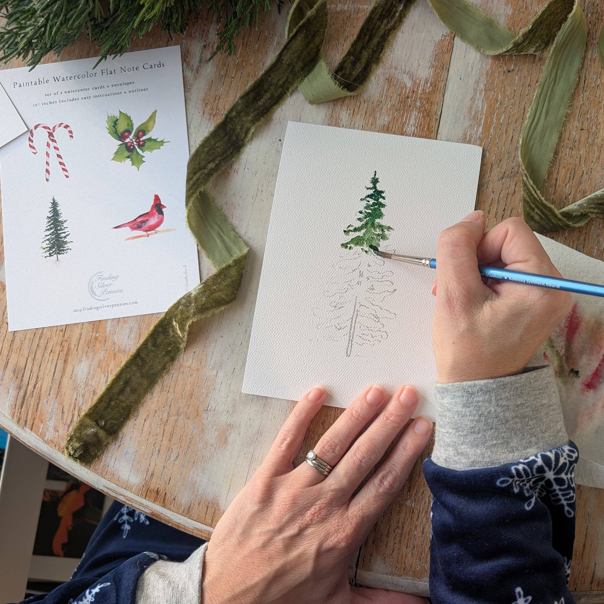 Holiday Watercolor Paintable Flat Note Cards with Envelope