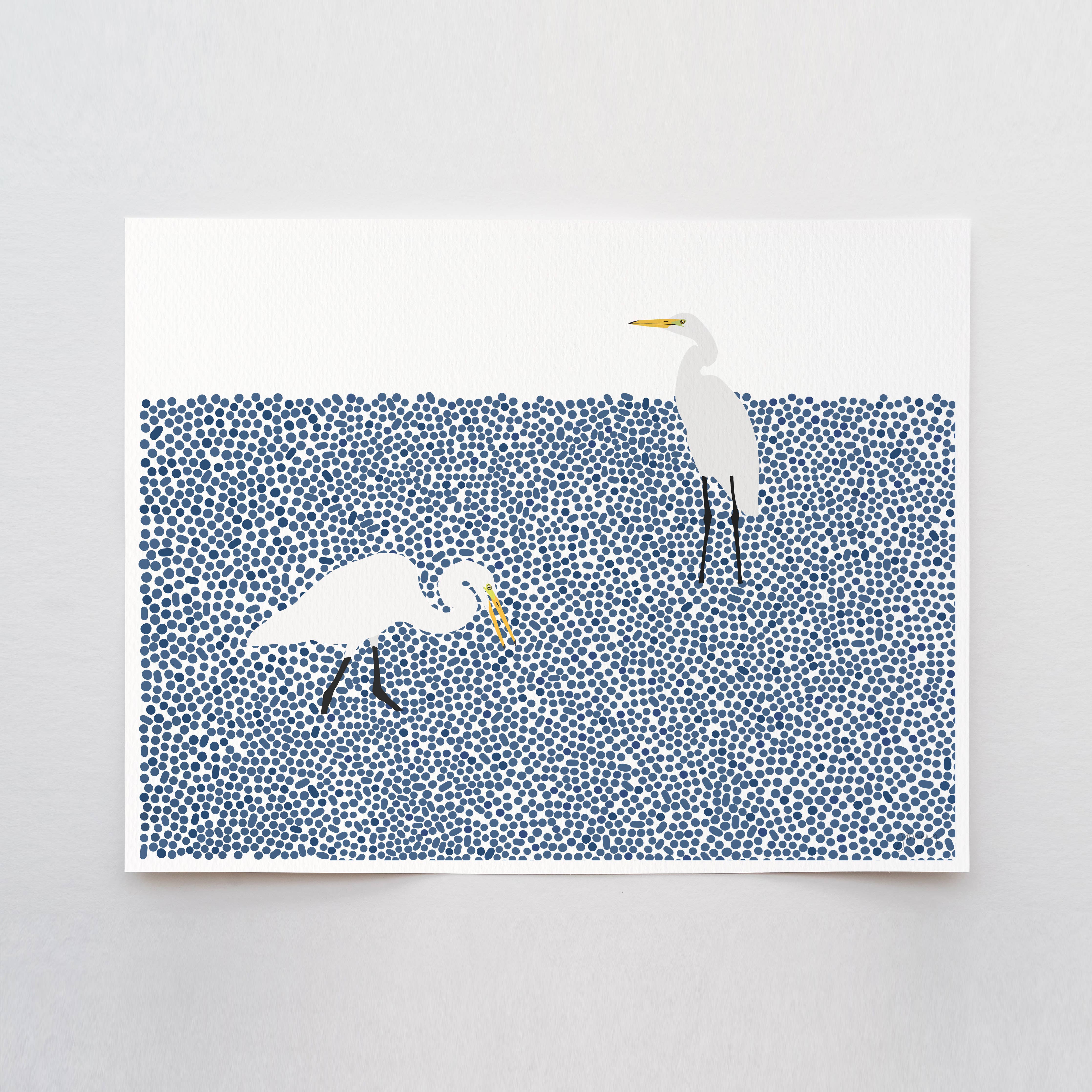 Two Wading Egrets Landscape Art Print 8"x10"