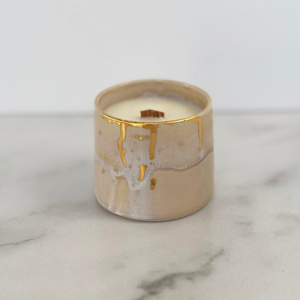 Michelle Barrett Collaboration vessel with Tan Salt Effect Ceramic Finish and Gold Drip