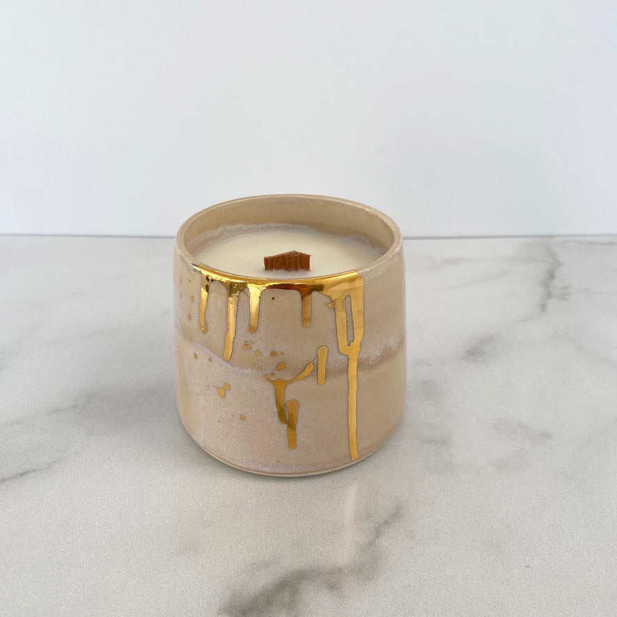 Michelle Barrett Collaboration vessel with Tan Salt Effect Ceramic Finish and Gold Drip with Wooden Wick