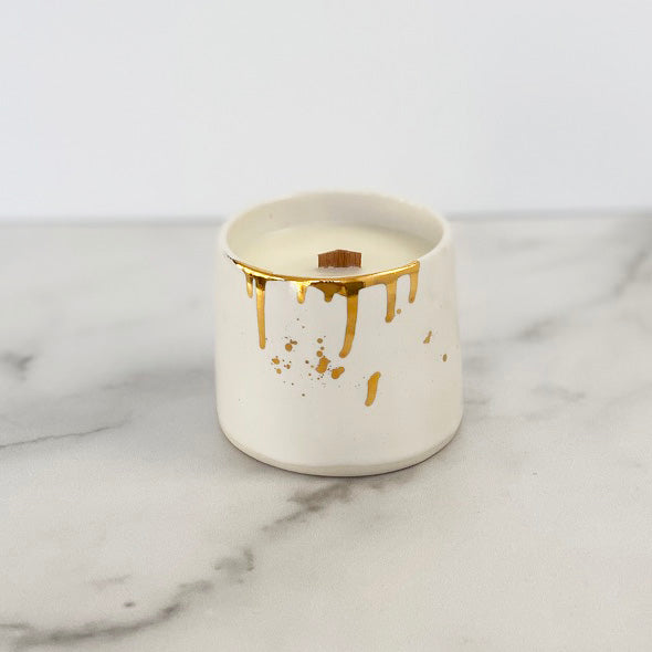White Ceramic and Gold Drip Candle designed by Michelle Barrett