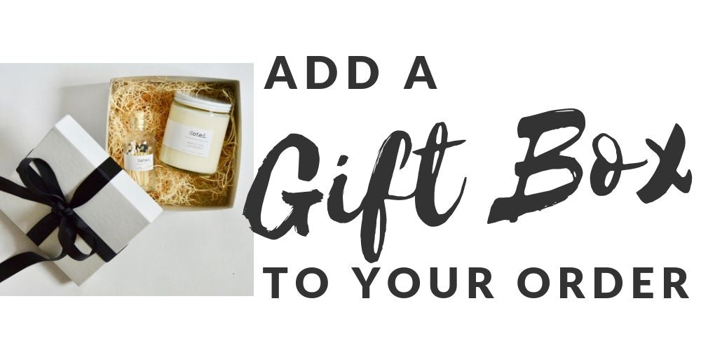 "Add a Gift Box to your order" Gift box with classic black bow, containing an Original Candle, and a match bottle.